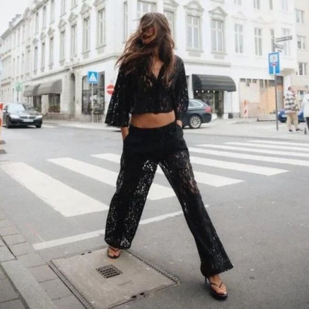 Zara Black Lace Sequin 2-Piece Set Blouse & Wide Leg Pants Size Small